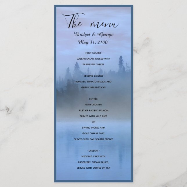 Hochzeit von staubblauer Waldlandschaft Menükarte (Vorderseite)