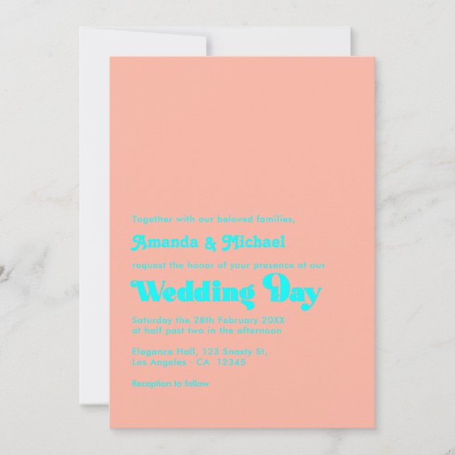 Hochzeit von Tropenkorallen und Aqua-Typografie Einladung (Vorderseite)