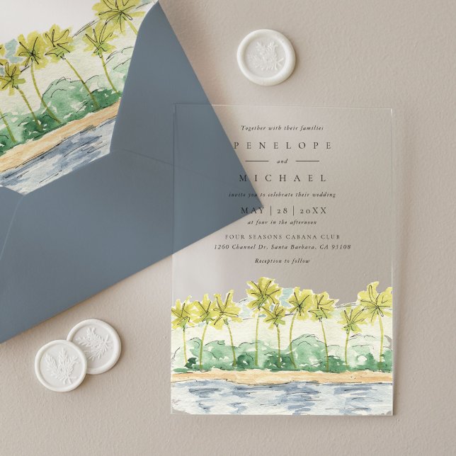 Hochzeit von tropischen Wasserfarben im Palmenhain Acryleinladungen (Beach Palm Trees Tropical Watercolor Wedding Acrylic Invitations)