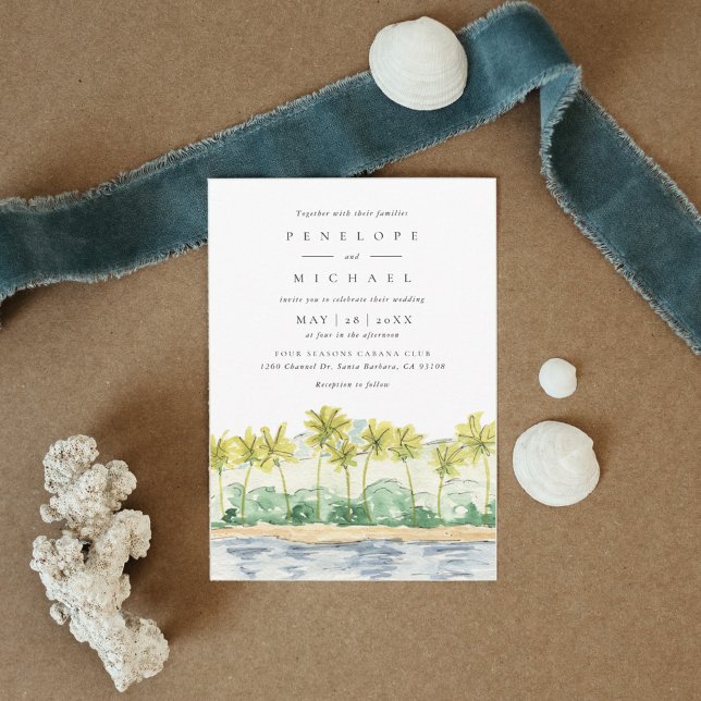 Hochzeit von tropischen Wasserfarben im Palmenhain Einladung (Beach Palm Trees Tropical Watercolor Wedding Invitation)