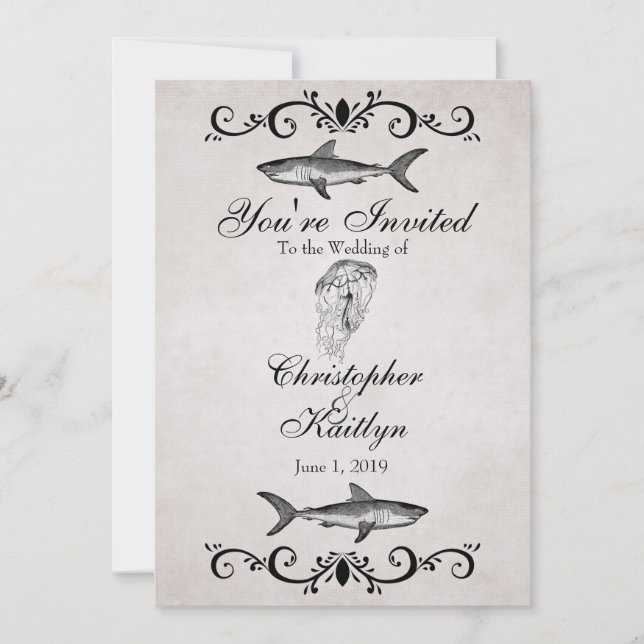 Hochzeit von Vintagen Haien und Quallen Einladung (Vorderseite)