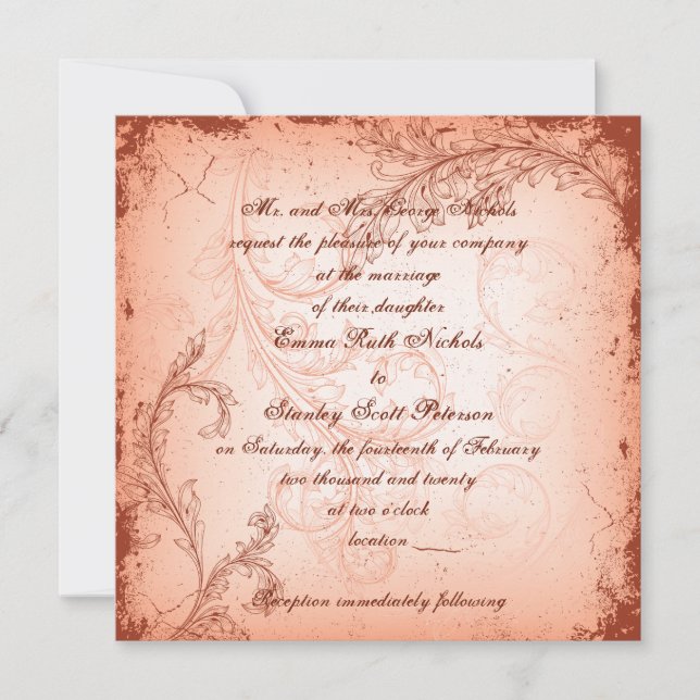 Hochzeit von Vintagen Korallenblättern geblüht Einladung (Vorderseite)