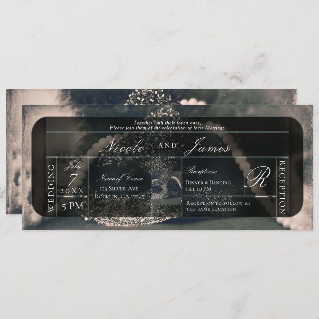 Hochzeit von Vintagen Masquerade und Perlen Einladung (Vorne/Hinten)