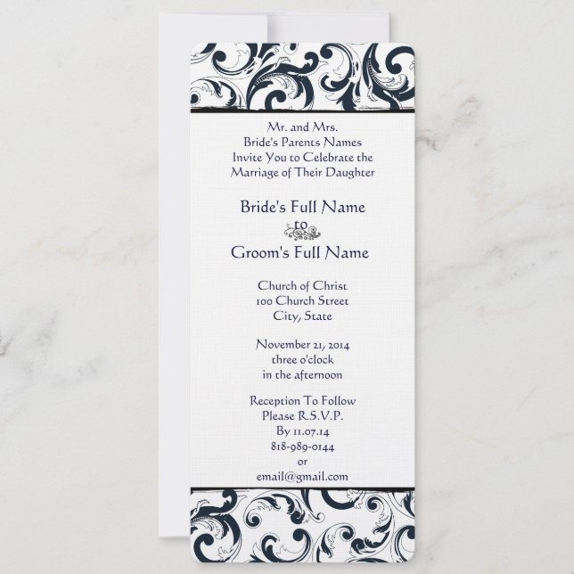 Hochzeit von Vintagen schwarzen und weißen Damasku Einladung (Vorderseite)