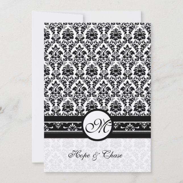 Hochzeit von Vintagen schwarzen und weißen Damasku Einladung (Vorderseite)