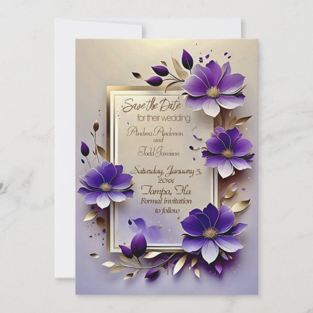 Hochzeit von violetten Goldblättern Save The Date (Vorderseite)