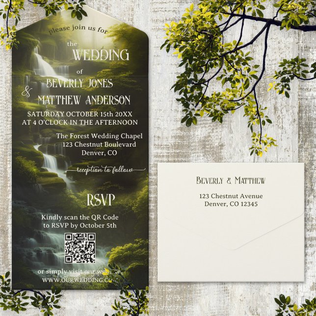 Hochzeit von Wasserfall-Waldgrün QR-Code All In One Einladung (All in one wedding invitation featuring a magical forest design with waterfalls and QR code template)