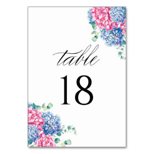 Hochzeit von Wasserfarbe Rosa und Blauer Hydrangea Tischnummer