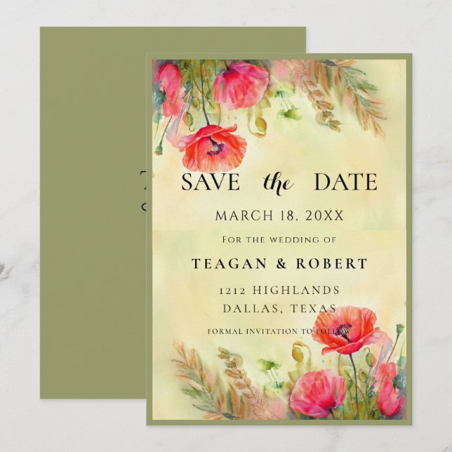 Hochzeit von Wasserfarben-Poppies Save The Date (Vorne/Hinten)