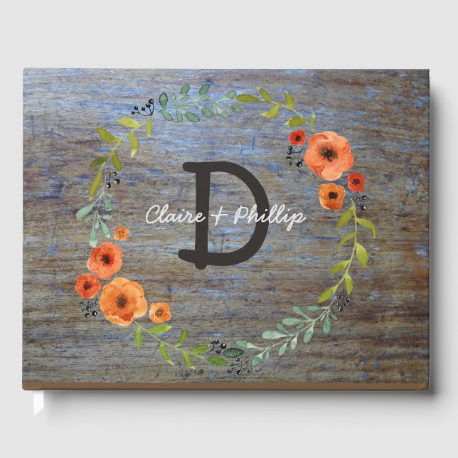 Hochzeit von Wasserfarben | Rustic Wood Monogram Gästebuch (Vorderseite)