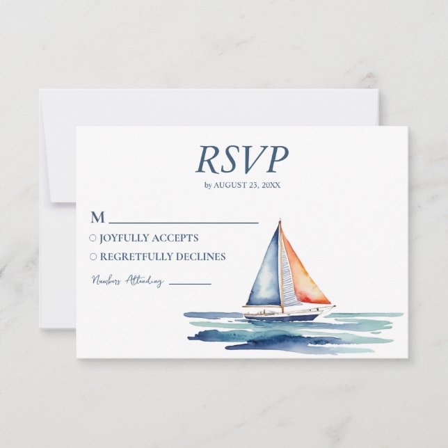 Hochzeit von Wasserfarben-Segel-Yacht RSVP Karte (Vorderseite)