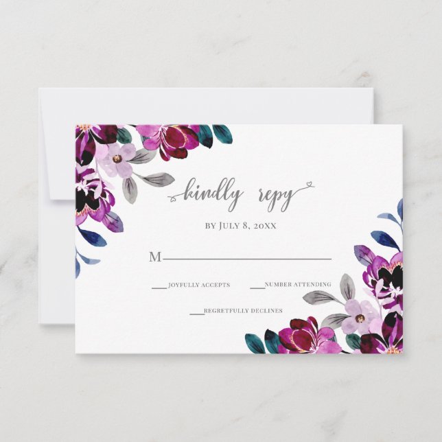 Hochzeit von Wasserfarben und Lila Blumen RSVP Karte (Vorderseite)