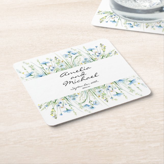 Hochzeit von Watercolor Blue Wildblumen Rechteckiger Pappuntersetzer (angewinkelt)
