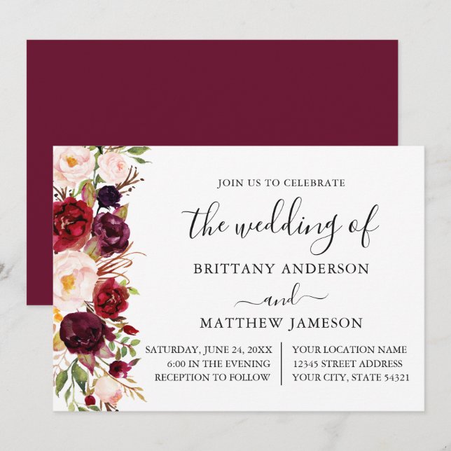 Hochzeit von Watercolor Burgundy Floral Calligraph Einladung (Vorne/Hinten)