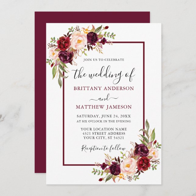 Hochzeit von Watercolor Floral Burgundy Einladung (Vorne/Hinten)