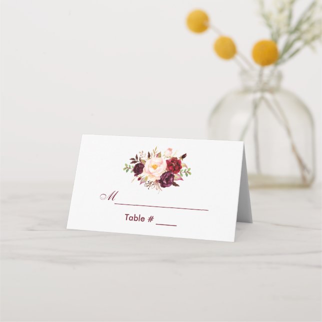 Hochzeit von Watercolor Floral Burgundy Platzkarte
