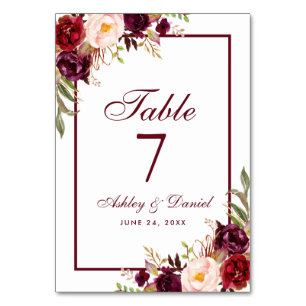 Hochzeit von Watercolor Floral Burgundy Tischnummer