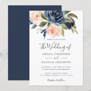 Hochzeit von Watercolor Florals Navy Peach Einladung