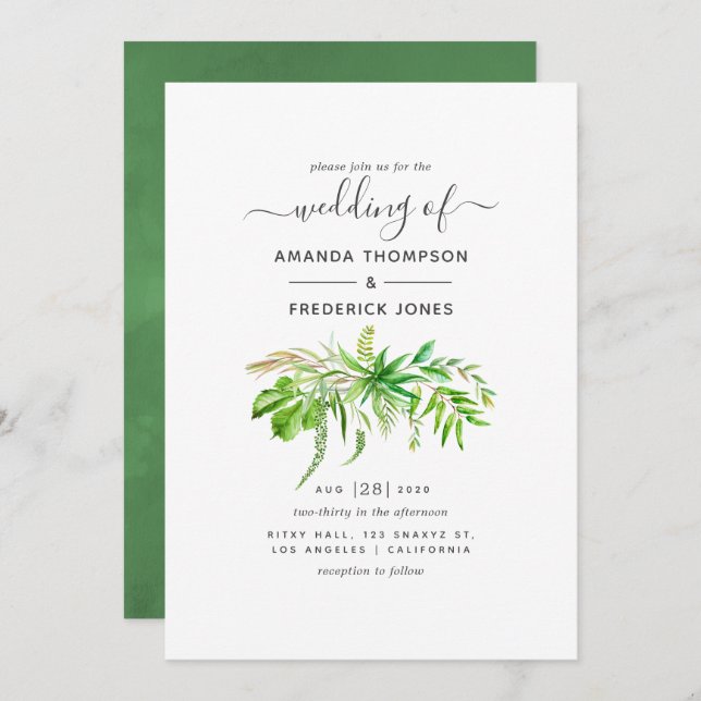 Hochzeit von Watercolor Forest Greenerity Einladung (Vorne/Hinten)