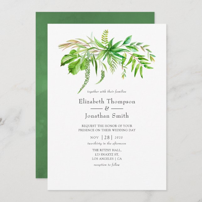 Hochzeit von Watercolor Forest Greenerity Einladung (Vorne/Hinten)