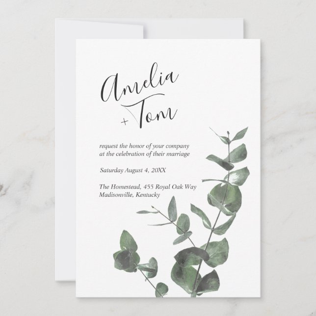 Hochzeit von Watercolor Greenerity Branch Script S Einladung (Vorderseite)
