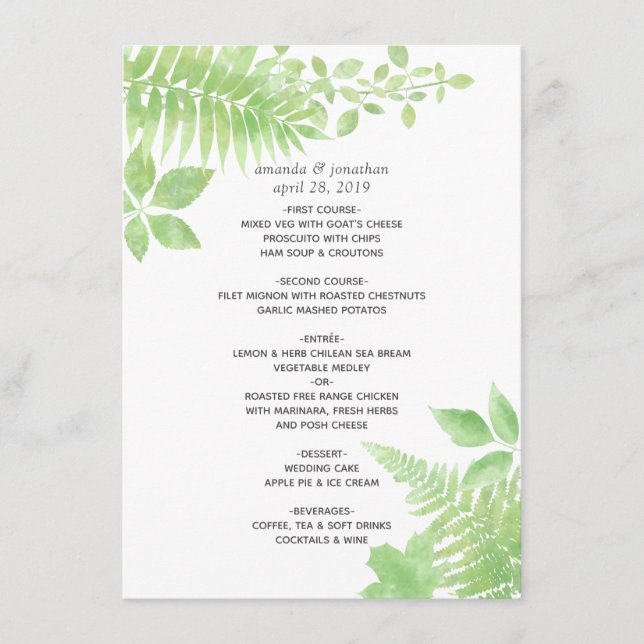 Hochzeit von Watercolor Greenerity Foliage Menükarte (Vorderseite)
