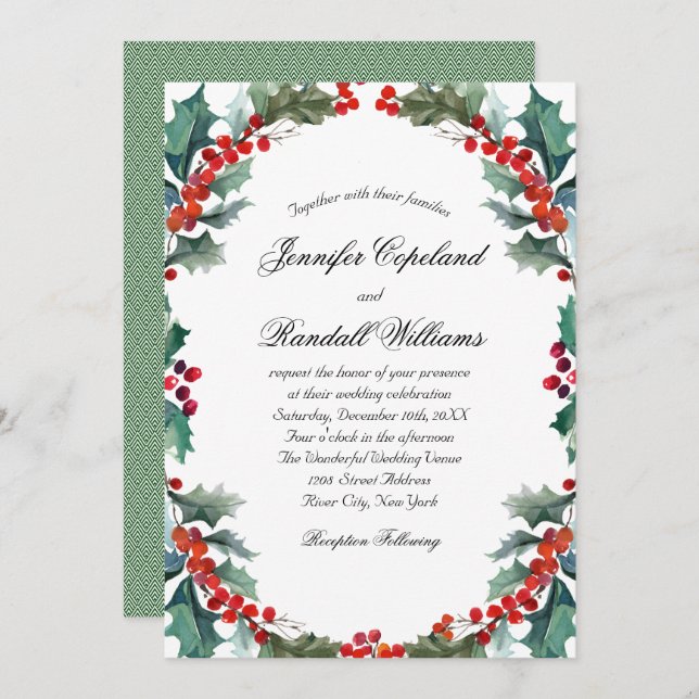Hochzeit von Watercolor Holly und Berries Einladung (Vorne/Hinten)