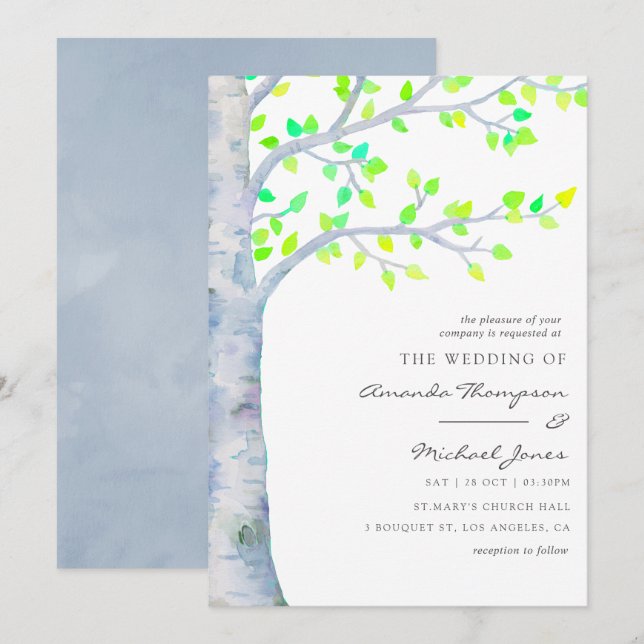 Hochzeit von Watercolor Spring Birch Tree Einladung (Vorne/Hinten)