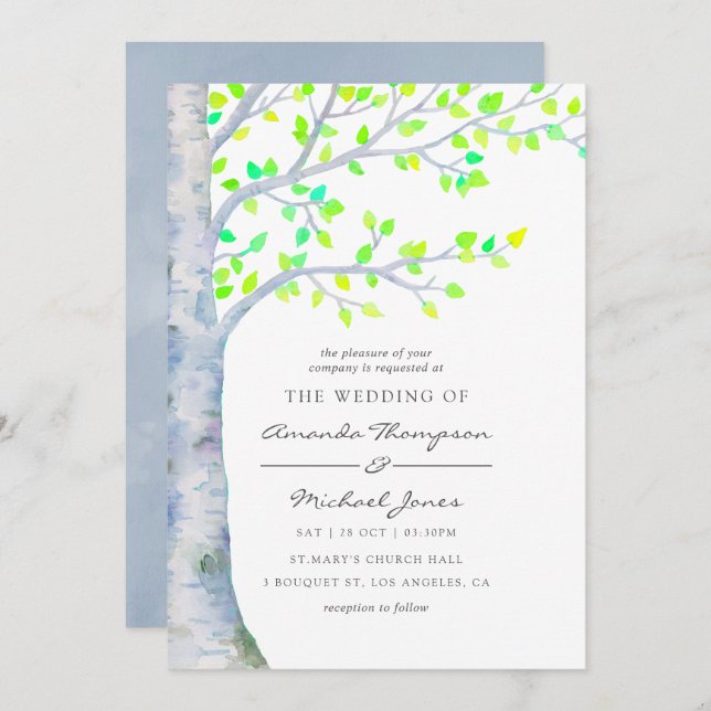 Hochzeit von Watercolor Spring Birch Tree Einladung (Vorne/Hinten)