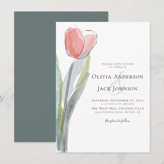 Hochzeit von Watercolor Tulip Einladung (Vorne/Hinten)