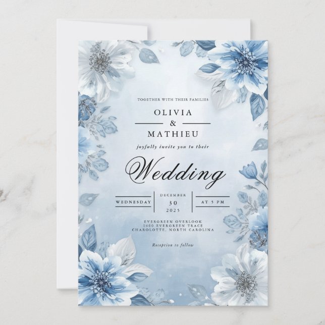 Hochzeit von weichblauer Flora Einladung (Vorderseite)