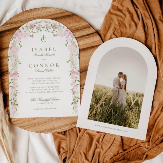 Hochzeit von weichrosa grünem Blumenstrauß Einladung (Von Creator hochgeladen)