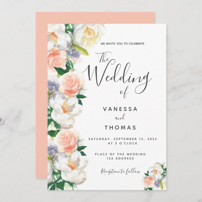 Hochzeit von weißen Korallen mit Aquarellen Einladung (Vorne/Hinten)