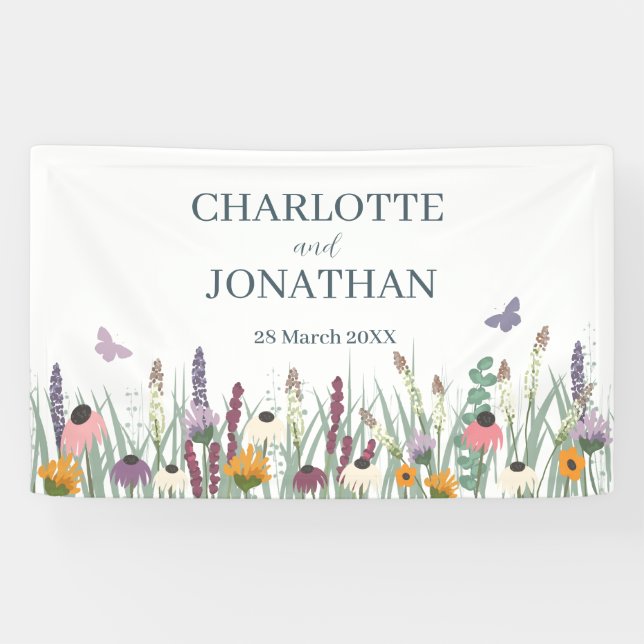 Hochzeit von Wildblumen und Schmetterlingen Banner (Horizontal)