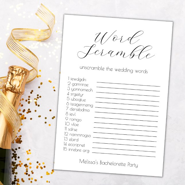 Hochzeit von Word Scramble Junggeselinnen-Abschied Karte (wedding word scramble bachelorette party game word scramble bridal shower elegant minimalist)