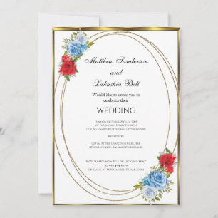 Hochzeit Weiß Blau Rote Blumen Gold Elegant Einladung