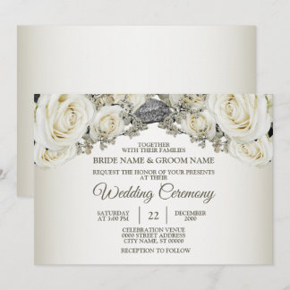 Hochzeit Weiß Floral Grünzeug Beige Elegant Modern Einladung