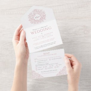Hochzeit weiß gedämpfte rosa Blätter Monogramm All In One Einladung