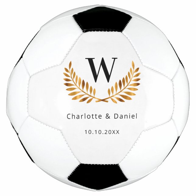 Hochzeit weiß schwarzes Gold Lorbeerkranz Monogram Fußball (Vorderseite)