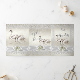 Hochzeit Weiße Schwäne Creme Perlen Spitze Damast  Dreifach Gefaltete Einladung