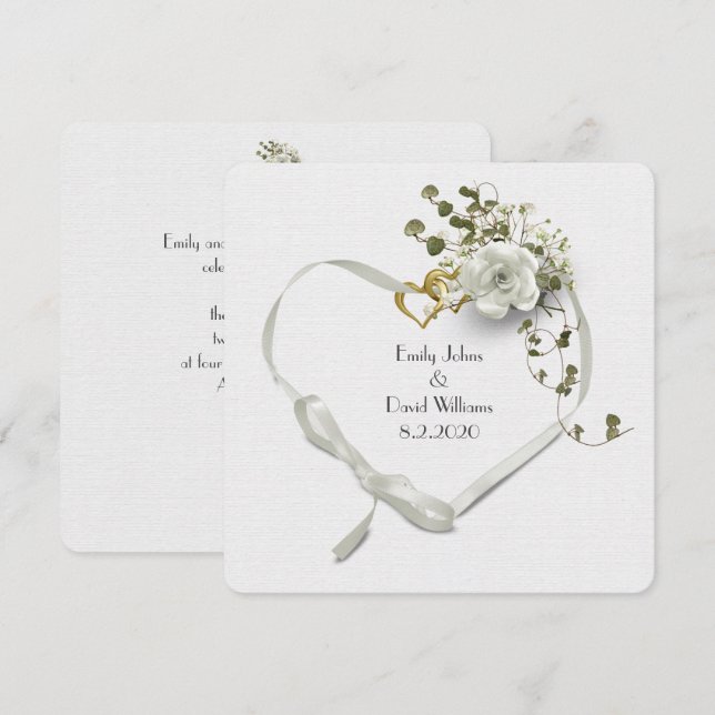 Hochzeit weißes Band Herz und Rosenbukett Einladung (Vorne/Hinten)