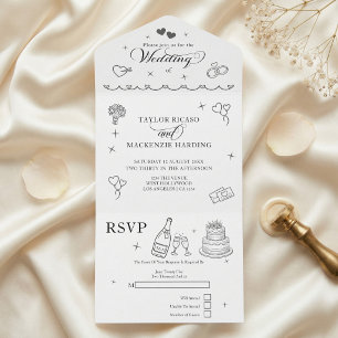 Hochzeit Whimsical Doodles Grau und Weiß All In One Einladung