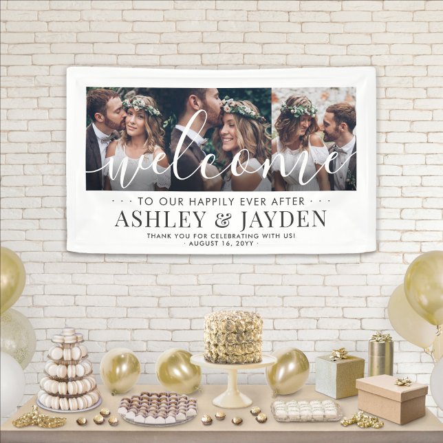 Hochzeit Willkommen Einfaches Chic Script 3 Foto C Banner (Von Creator hochgeladen)