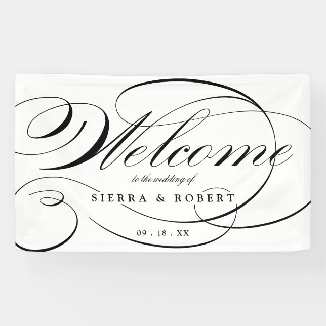 Hochzeit Willkommen Elegantes Script Schwarz und W Banner (Horizontal)