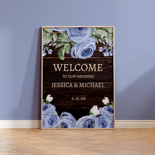 Hochzeit Willkommen Rustic Wood Blue Floral Poster (Rustic wood, string lights, and dusty blue flowers wedding welcome sign)