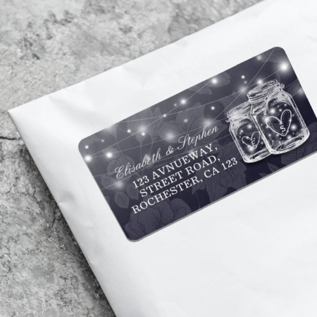 Hochzeitadresse Mason Jars String Lights Navy Blue Adressaufkleber (Von Creator hochgeladen)