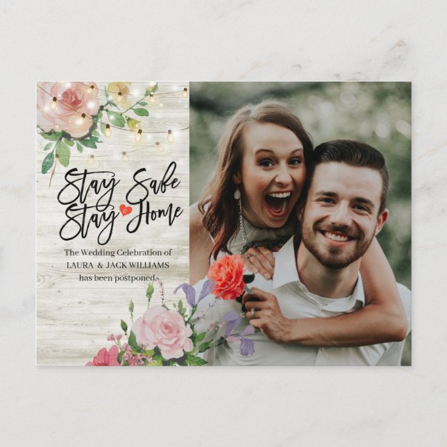 Hochzeitaufschub Bleibe Zuhause und Bleibe sichere Ankündigungspostkarte (Vorderseite)