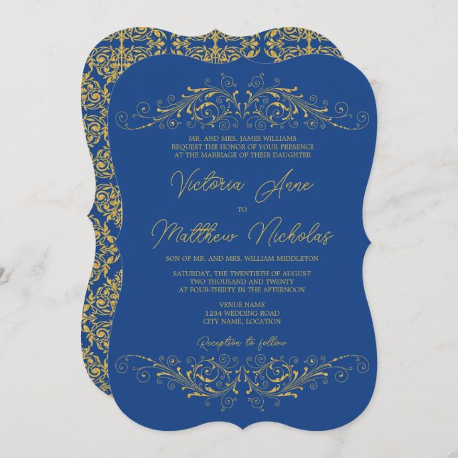 HochzeitBleu und Imitate Gold Blüh Damask Einladung (Vorne/Hinten)