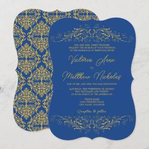 HochzeitBleu und Imitate Gold Blüh Damask Einladung
