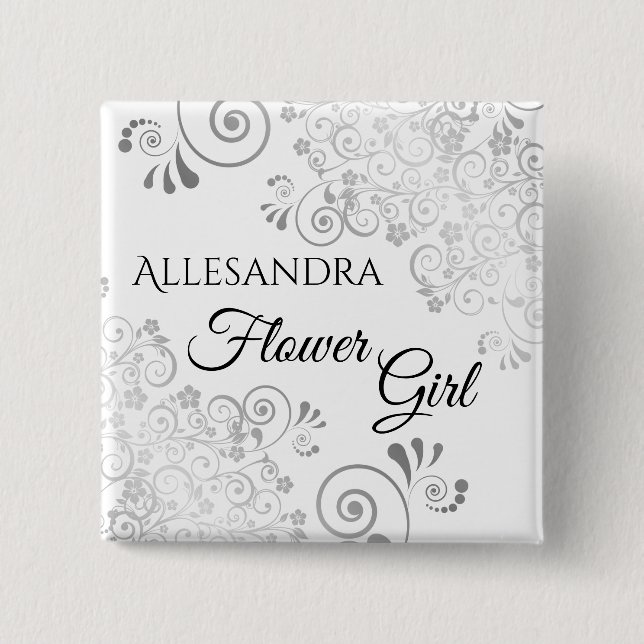 Hochzeitblume Mädchen Name Tag Lacy Silver Filigre Button (Vorderseite)